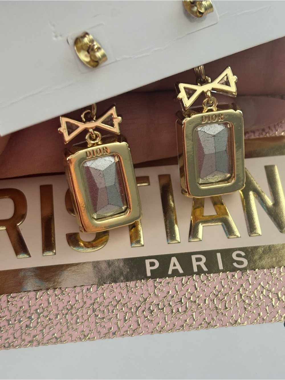 Gold-Tone Crystal Drop Earrings with Bow Accent - Picture 5 of 5